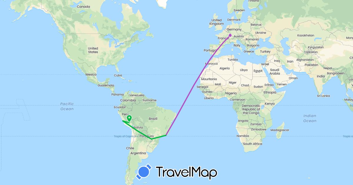 TravelMap itinerary: driving, bus, train in Brazil, France, Peru (Europe, South America)